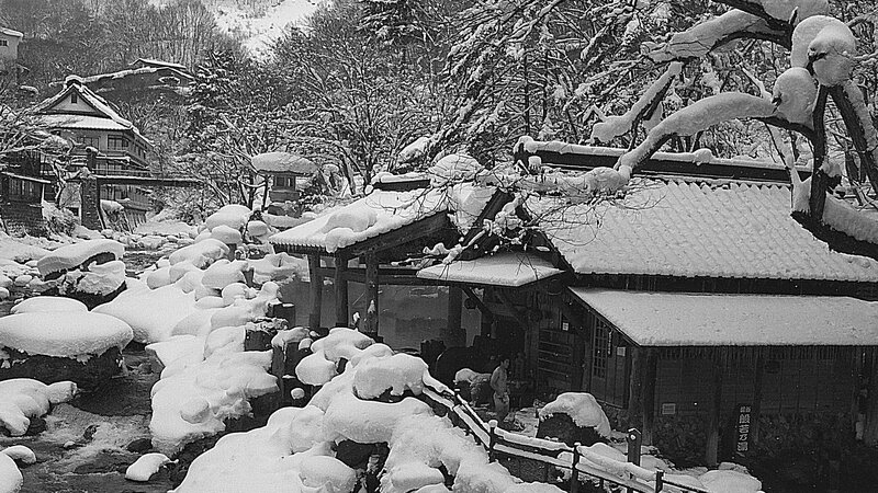 Snow-covered Japanese hot spring village