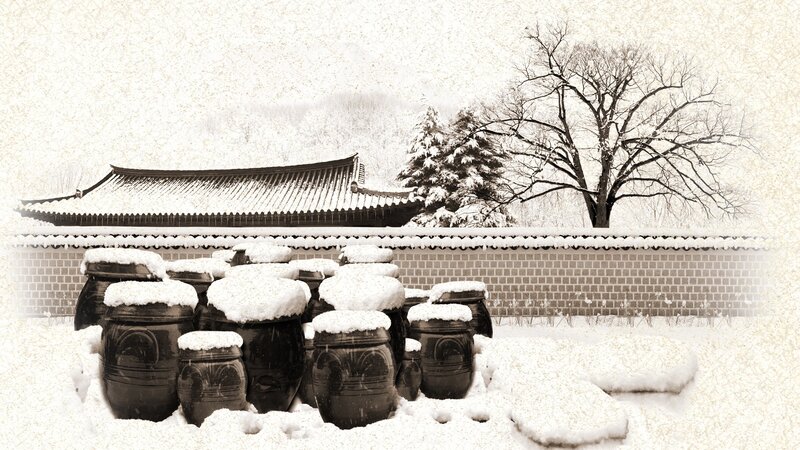 Snow-covered Jars in Courtyard