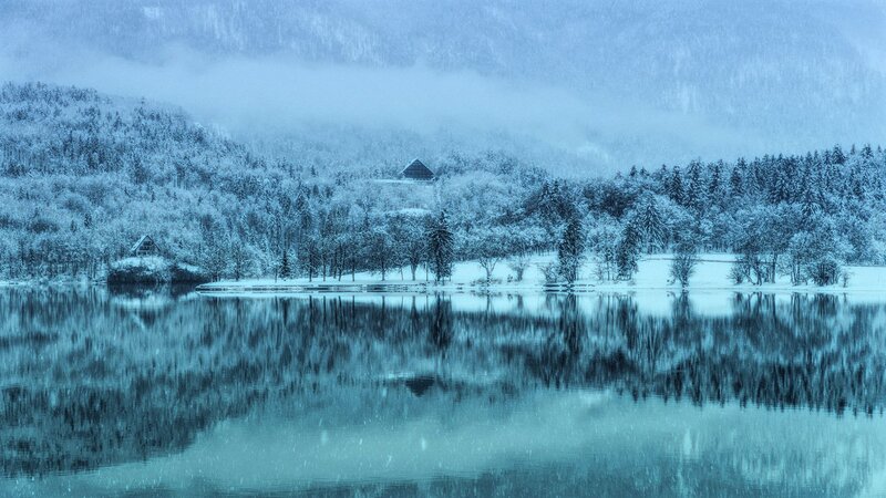 Snow-covered Lake and Forest — Blue
