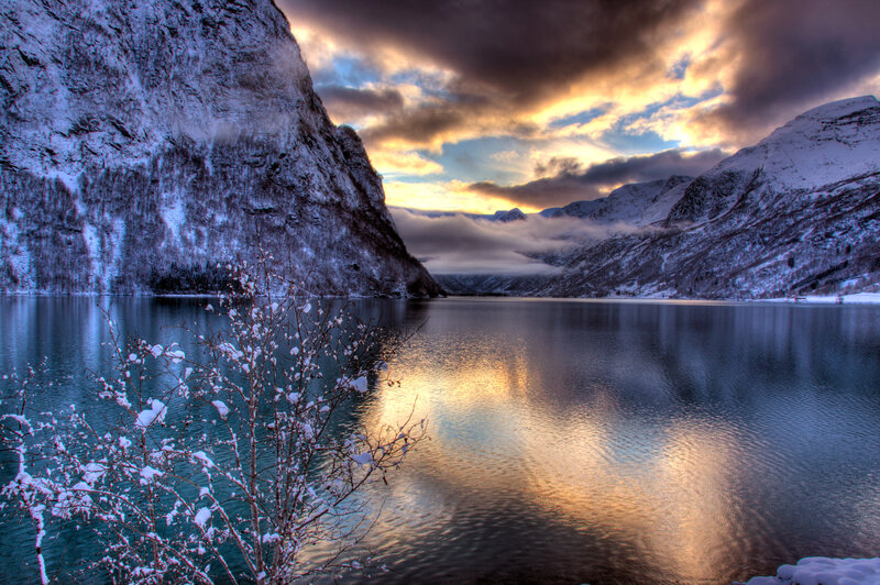 Snow-covered Lake and Mountains — Blue, Dramatic