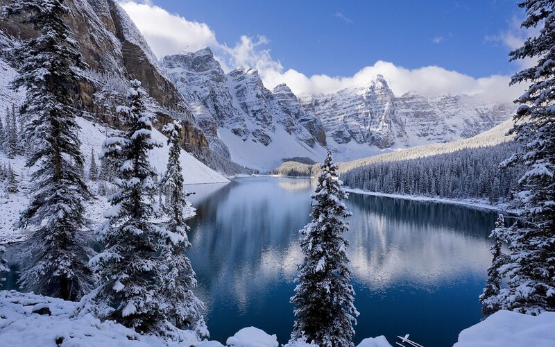 Snow-covered Lake and Mountains — Blue, Serene