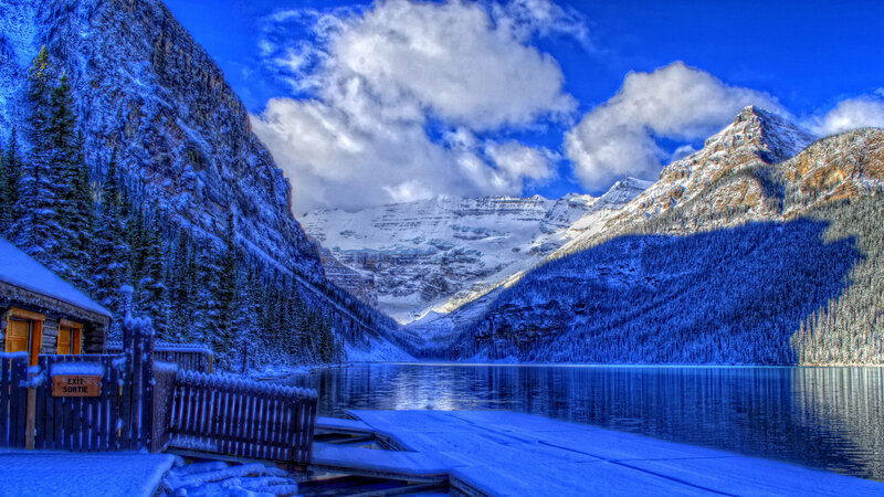 Snow-covered Lake and Mountains — Blue, Serene, Winter, Photograph, Cabin