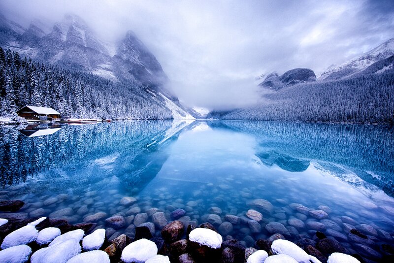 Snow-covered Lake and Mountains — Blue, Serene, Winter, Photograph, Forest, Cabin
