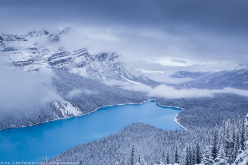 Snow-covered Lake and Mountains — Blue, Serene, Winter, Photograph, Forest, Clouds