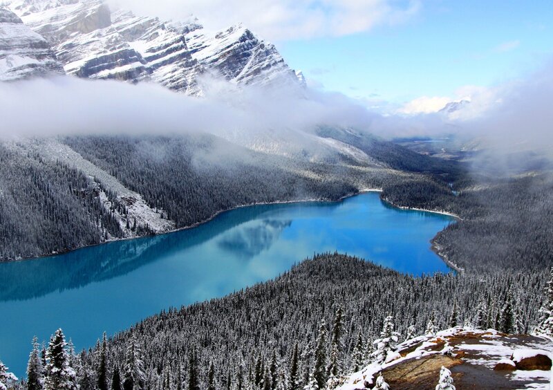 Snow-covered Lake and Mountains — Blue, Serene, Winter, Photograph, Forest