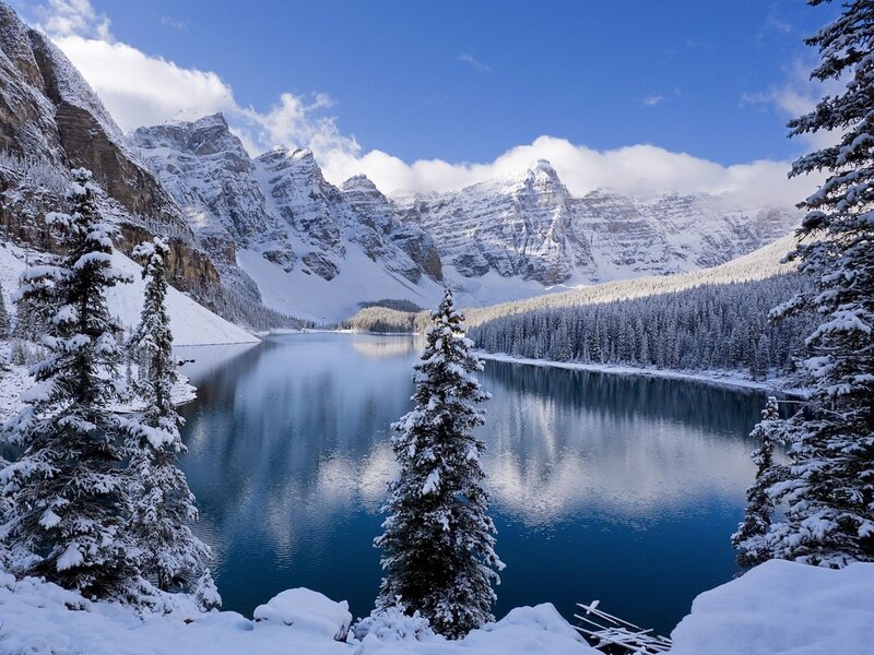 Snow-covered Lake and Mountains — Blue, Serene, Winter, Photograph, Pine Trees, Forest, Sky