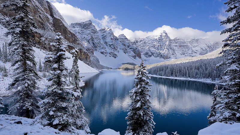Snow-covered Lake and Mountains — Blue, Serene, Winter, Photograph, Pine Trees, Forest, White
