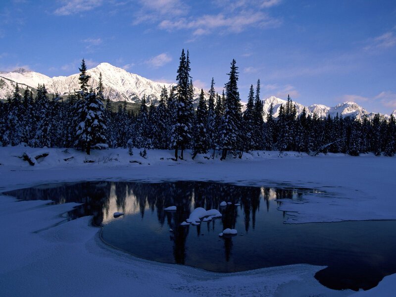 Snow-covered Lake and Mountains — Blue, Serene, Winter, Photograph, Pine Trees, Ice
