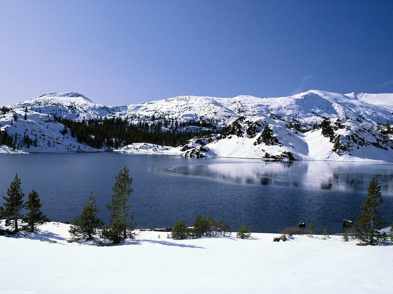 Snow-covered Lake and Mountains — Blue, Serene, Winter, Photograph, Pine Trees