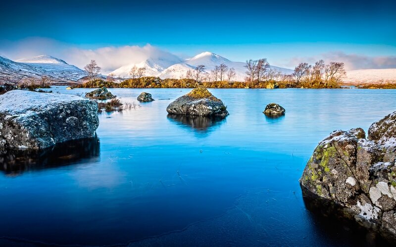 Snow-covered Lake and Mountains — Blue, Serene, Winter, Photograph, Rocks