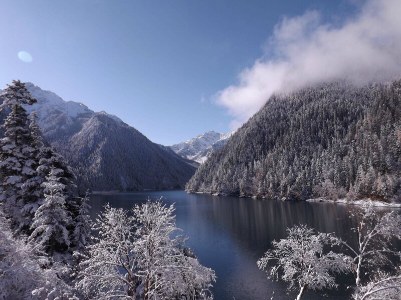 Snow-covered Lake and Mountains — Blue, Serene, Winter, Photograph, Trees, Clouds