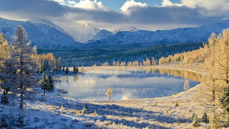 Snow-covered Lake and Mountains — Blue, Serene, Winter, Photograph, Trees, Sky