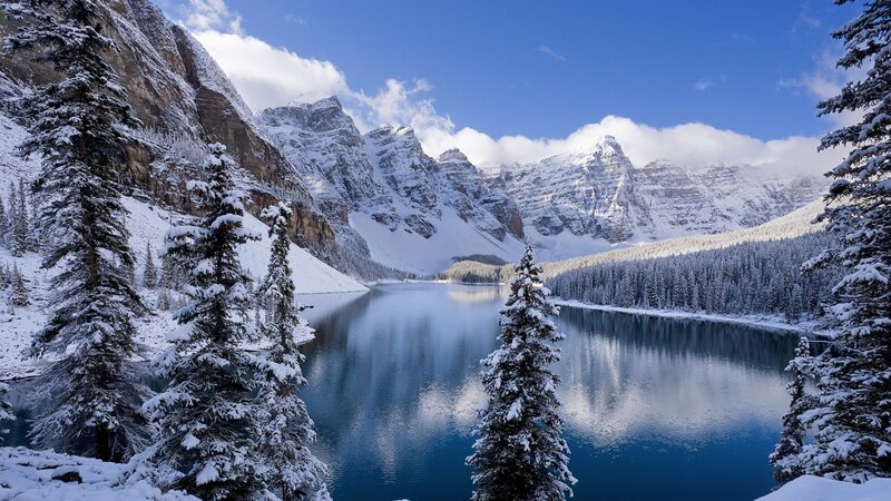 Snow-covered Lake and Mountains — Blue, Serene, Winter, Photograph, Trees, Sky, White