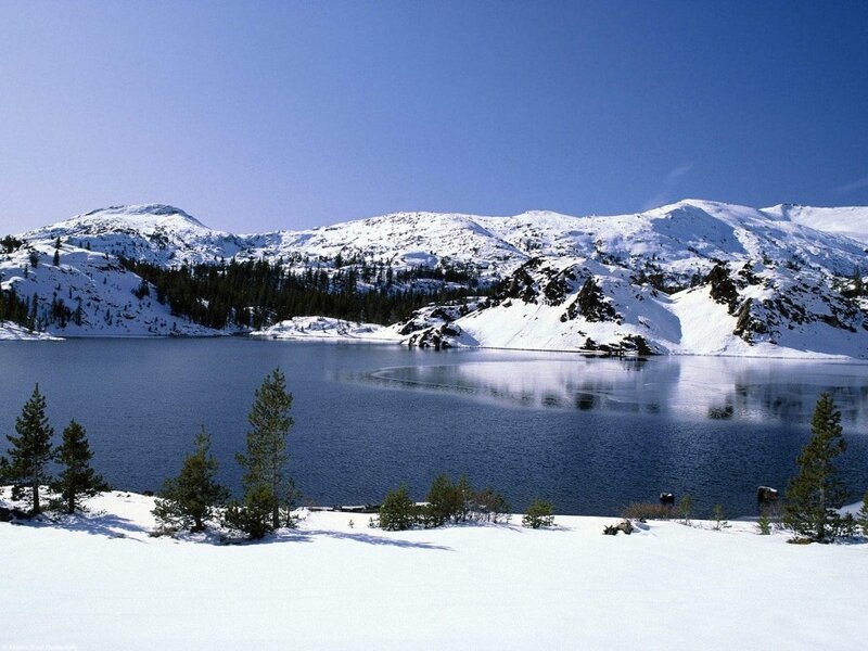 Snow-covered Lake and Mountains — Blue, Serene, Winter, Photograph, Trees, White, Green