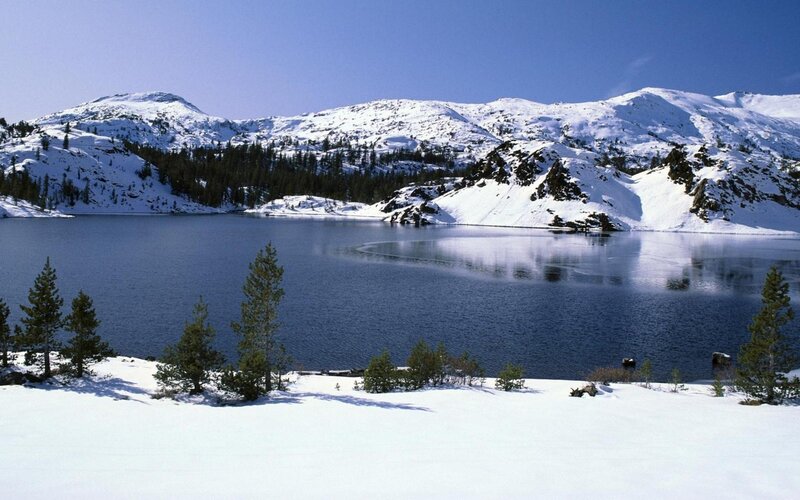 Snow-covered Lake and Mountains — Blue, Trees