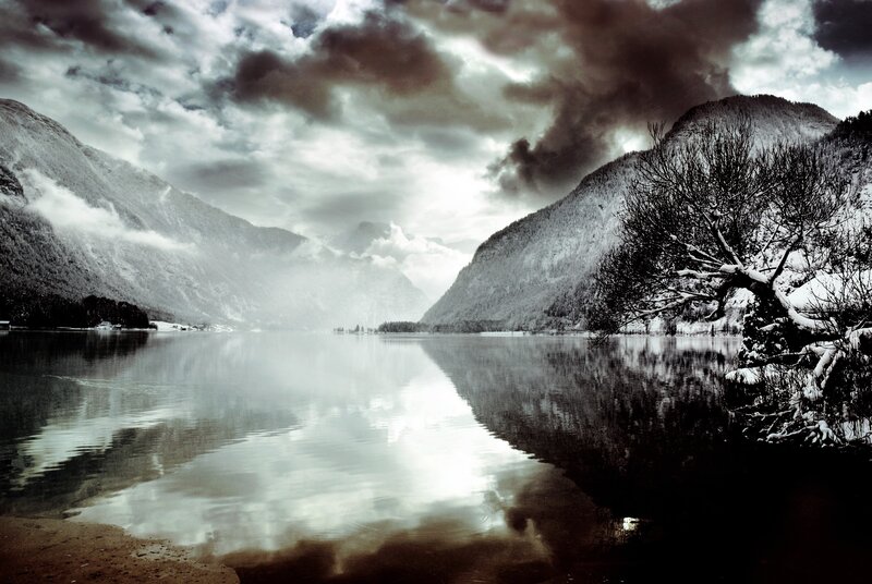 Snow-covered Lake and Mountains — Gray, Dramatic