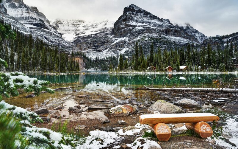 Snow-covered Lake and Mountains — Green, Serene
