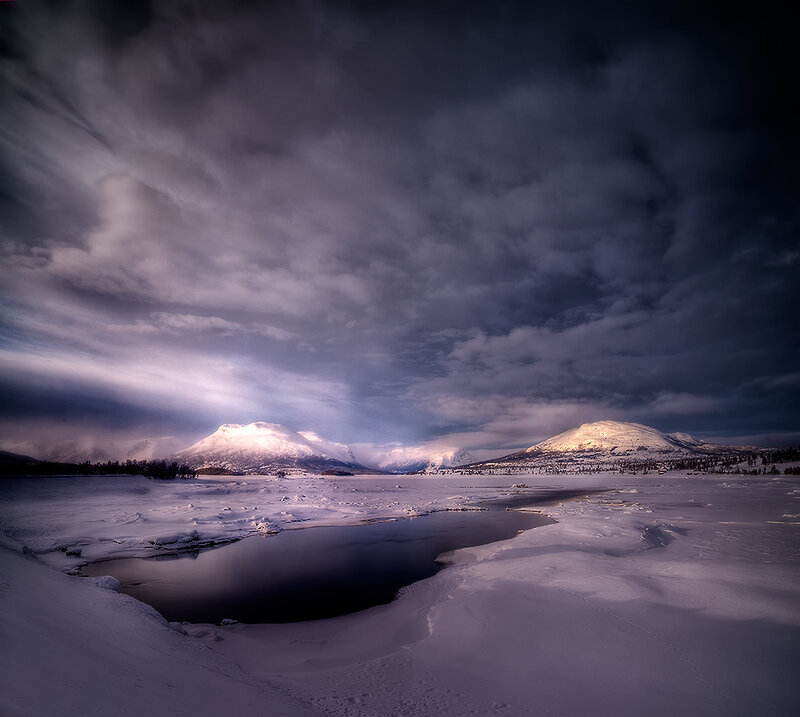 Snow-covered Lake and Mountains — Purple