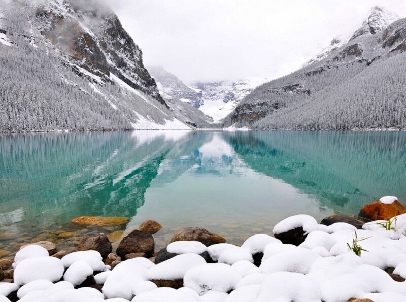 Snow-covered Lake and Mountains