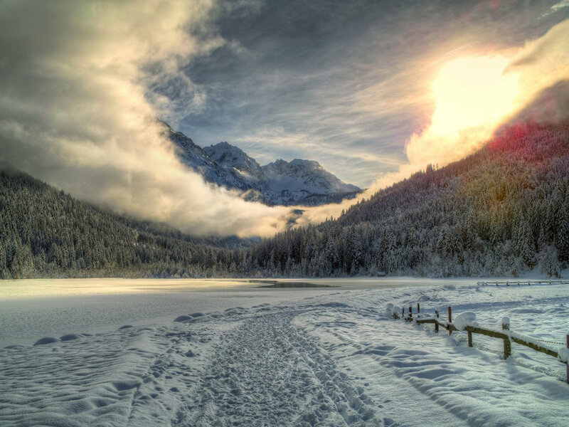 Snow-covered Lake and Mountains — White, Dramatic