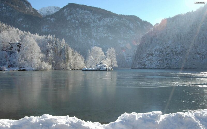 Snow-covered Lake and Mountains — White, Serene