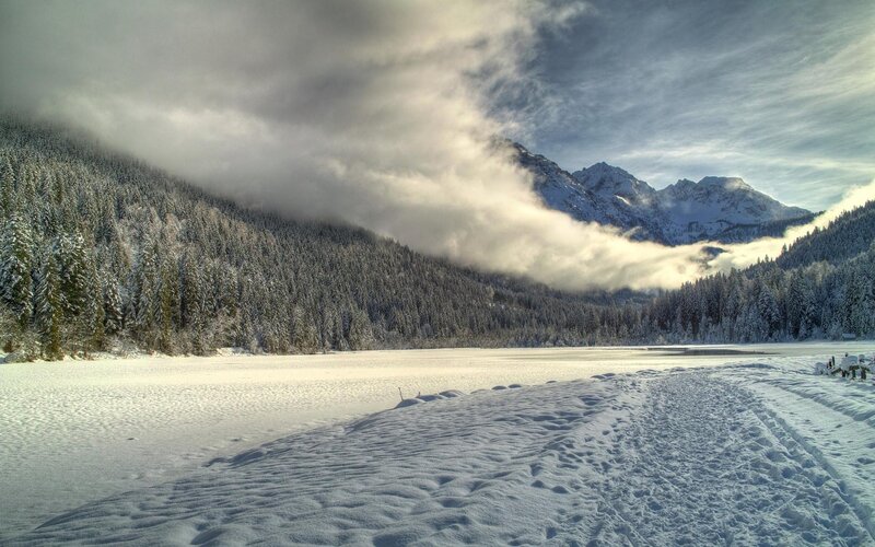 Snow-covered Lake and Mountains — White, Serene, Winter, Photograph, Forest