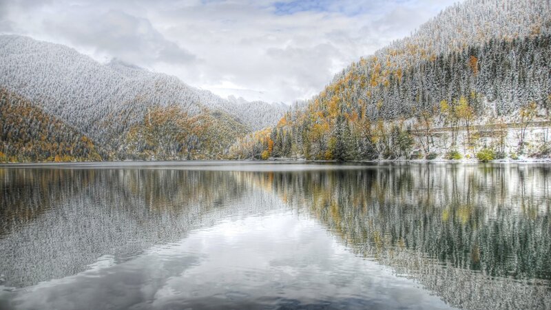 Snow-covered Lake and Mountains — White, Serene, Winter, Photograph