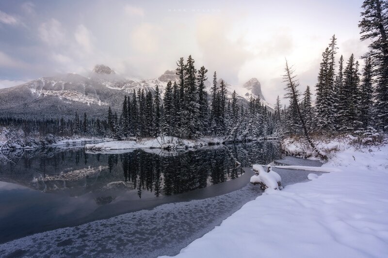 Snow-covered Lake and Mountains — White, Serene, Winter, Photograph, Trees, River