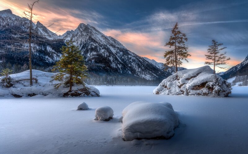 Snow-covered Lake and Mountains — White, Serene, Winter, Photograph, Trees, Rocks