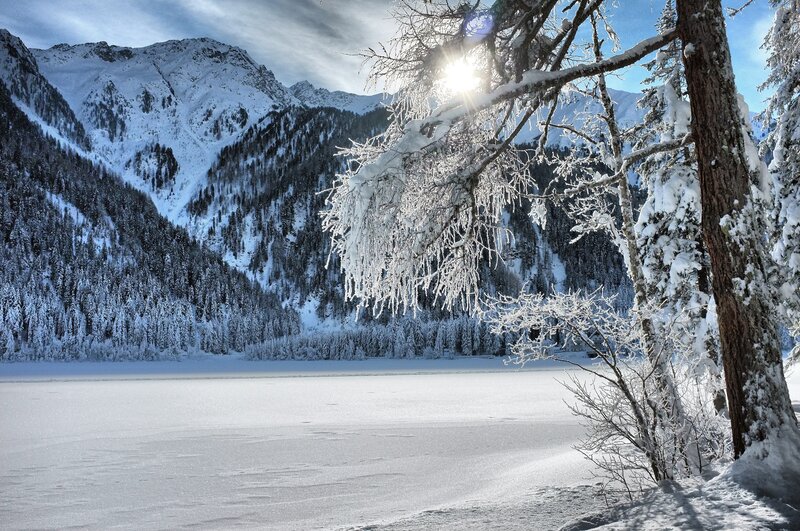 Snow-covered Lake and Mountains — White, Serene, Winter, Photograph, Trees, Sun