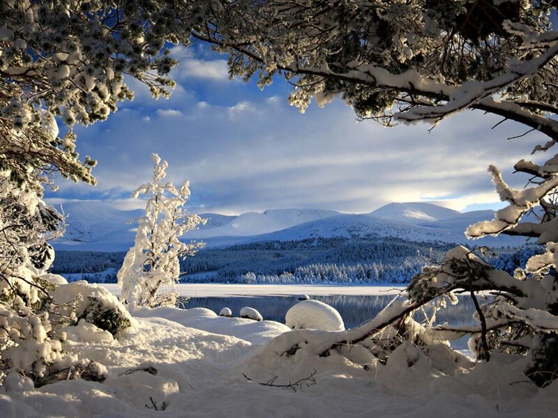 Snow-covered Lake and Mountains — White