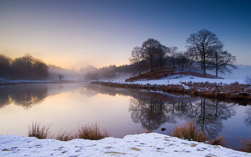 Snow-covered Lake at Dawn — Blue, Serene