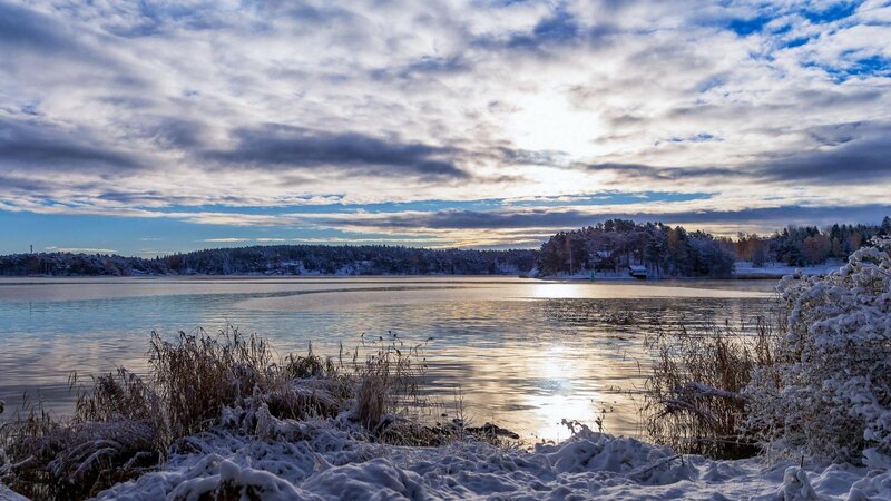 Snow-covered Lake at Dusk — Blue, Serene, Winter, Photograph