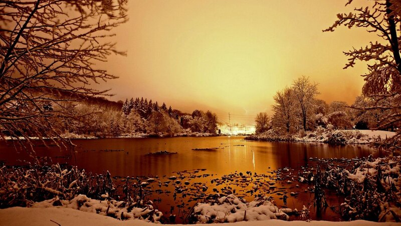 Snow-covered Lake at Dusk — Orange