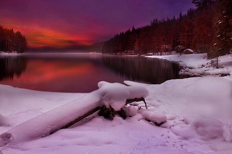 Snow-covered Lake at Dusk — Purple, Serene