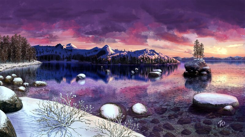 Snow-covered Lake at Dusk — Purple