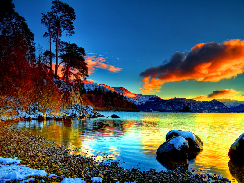 Snow-covered Lake at Sunset — Blue, Dramatic