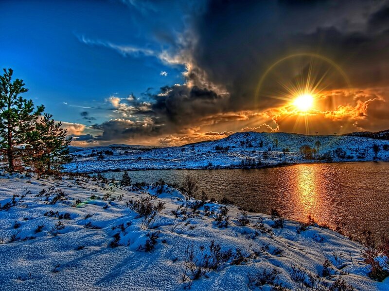 Snow-covered Lake at Sunset — Blue, Dramatic, Winter, Photograph, Sun, Clouds