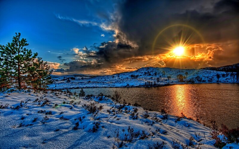 Snow-covered Lake at Sunset — Blue, Dramatic, Winter, Photograph, Sun