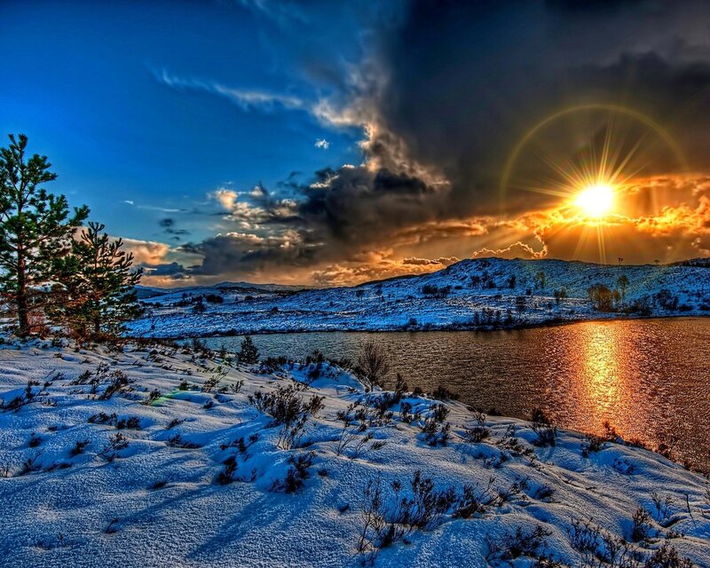 Snow-covered Lake at Sunset — Blue, Dramatic, Winter, Photograph