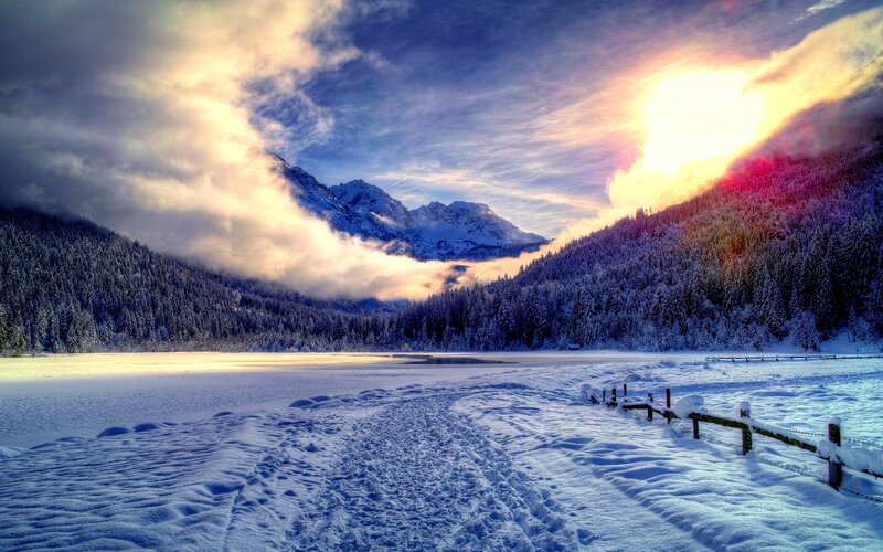 Snow-covered Lake at Sunset — Blue, Dramatic, Winter