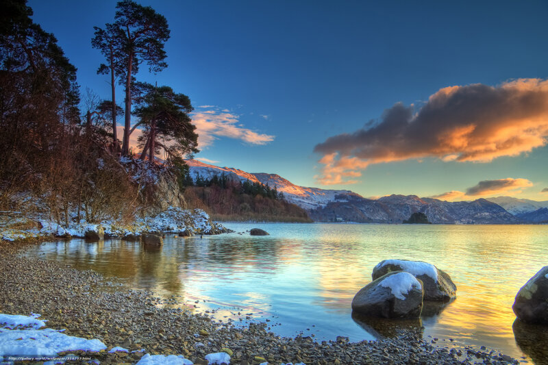 Snow-covered Lake at Sunset — Blue, Serene, Photograph, Mountains, Trees, Rocks