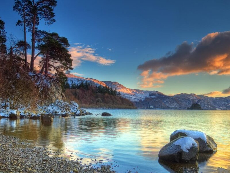 Snow-covered Lake at Sunset — Blue, Serene