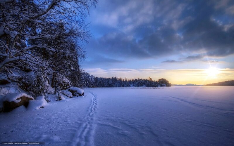Snow-covered Lake at Sunset — Blue, Serene, Winter, Photograph, Trees, Footprints