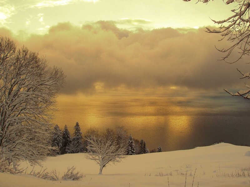 Snow-covered Lake at Sunset — Gold, Serene