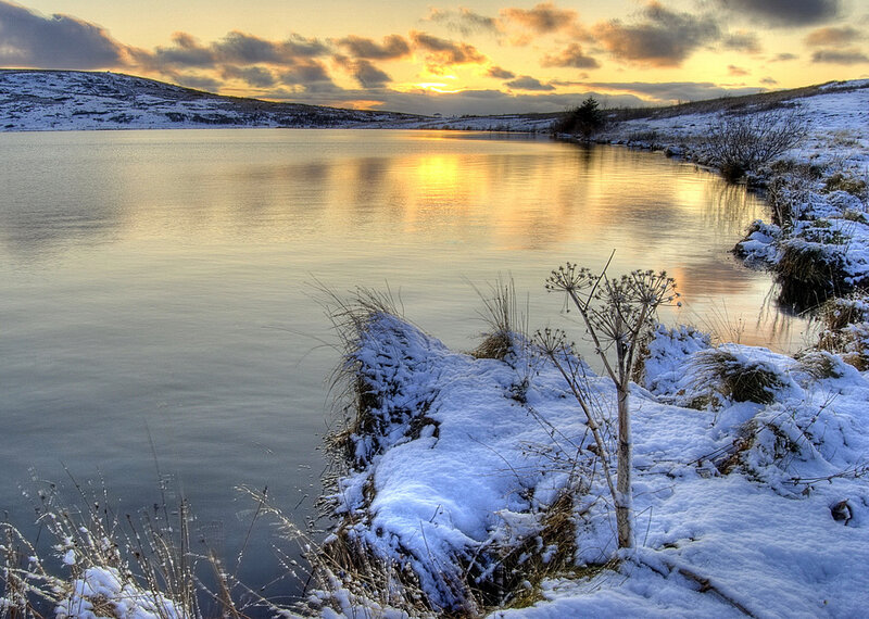 Snow-covered Lake at Sunset — Gold