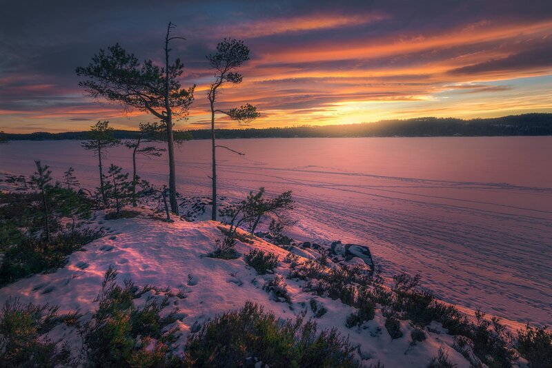 Snow-covered Lake at Sunset — Orange, Dramatic
