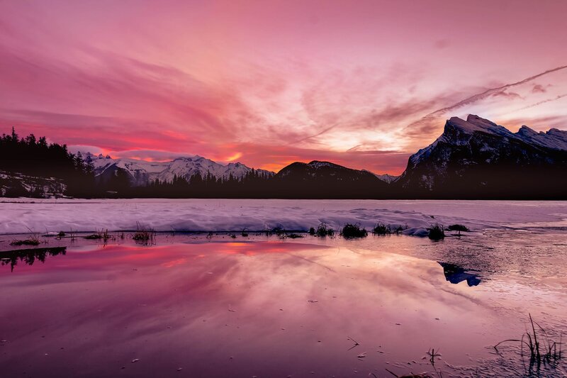 Snow-covered Lake at Sunset — Pink, Dramatic