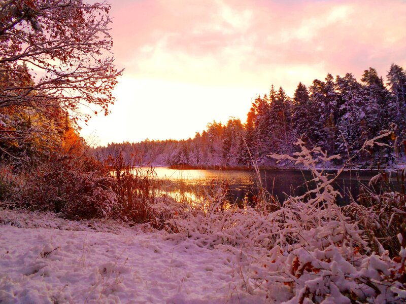 Snow-covered Lake at Sunset — Pink
