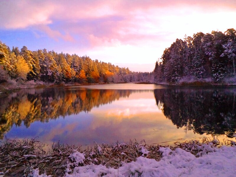 Snow-covered Lake at Sunset — Purple